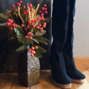 Black Canvas Material Tall Wedge Boots